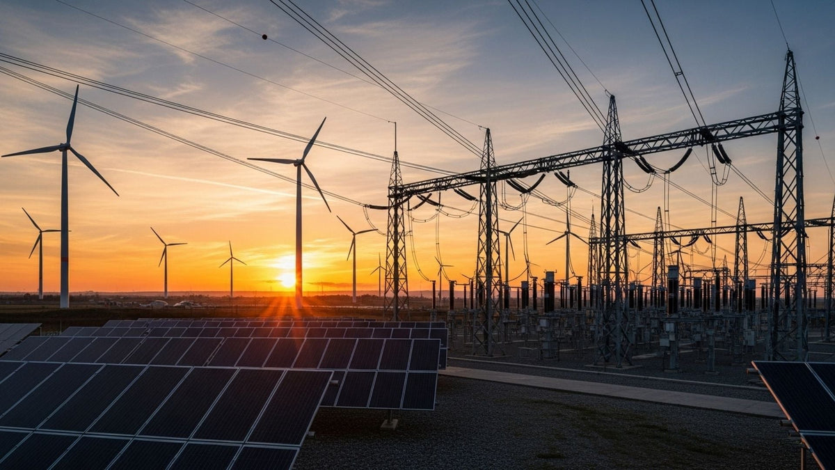 Wires and wind turbines during sunset