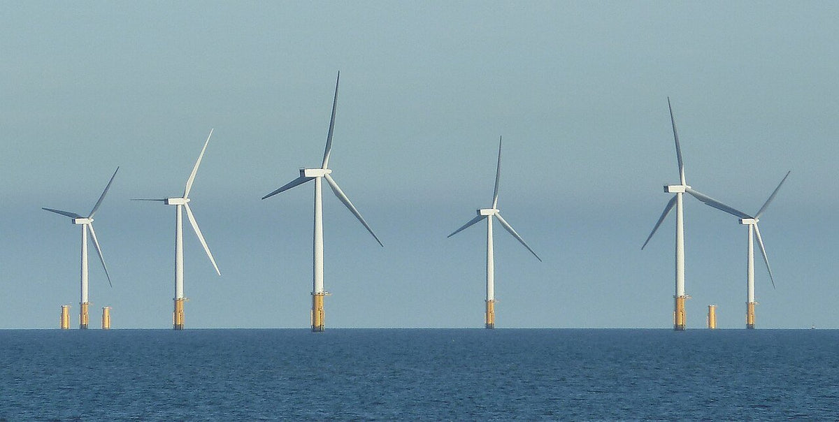Offshore wind turbines rising from a calm grey sea beneath a soft, overcast sky.