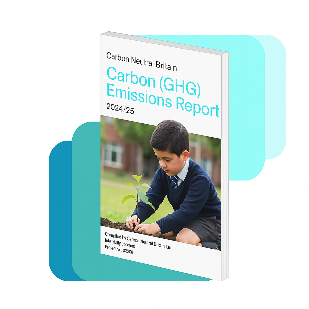 Young student planting a tree while reading Carbon (GHG) Emissions Report – representing UK schools taking climate action and working toward carbon neutrality.