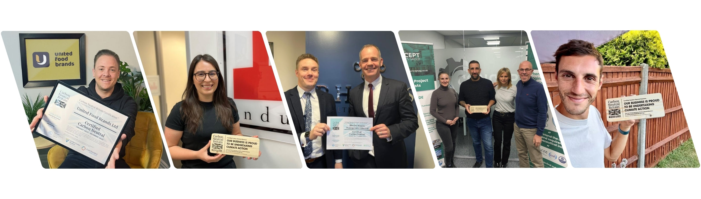 Certified Carbon Neutral Britain business clients proudly holding their carbon neutral certificates and climate action plaques, photographed in their offices and workspaces.